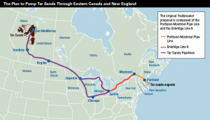 Enbridge's plan to pump tar sands to the east coast. Pictured in purple in Michigan is Line 5 (through the Great Lakes) and Line 6B (southern Michigan). Photo courtesy of DeSmogBlog.